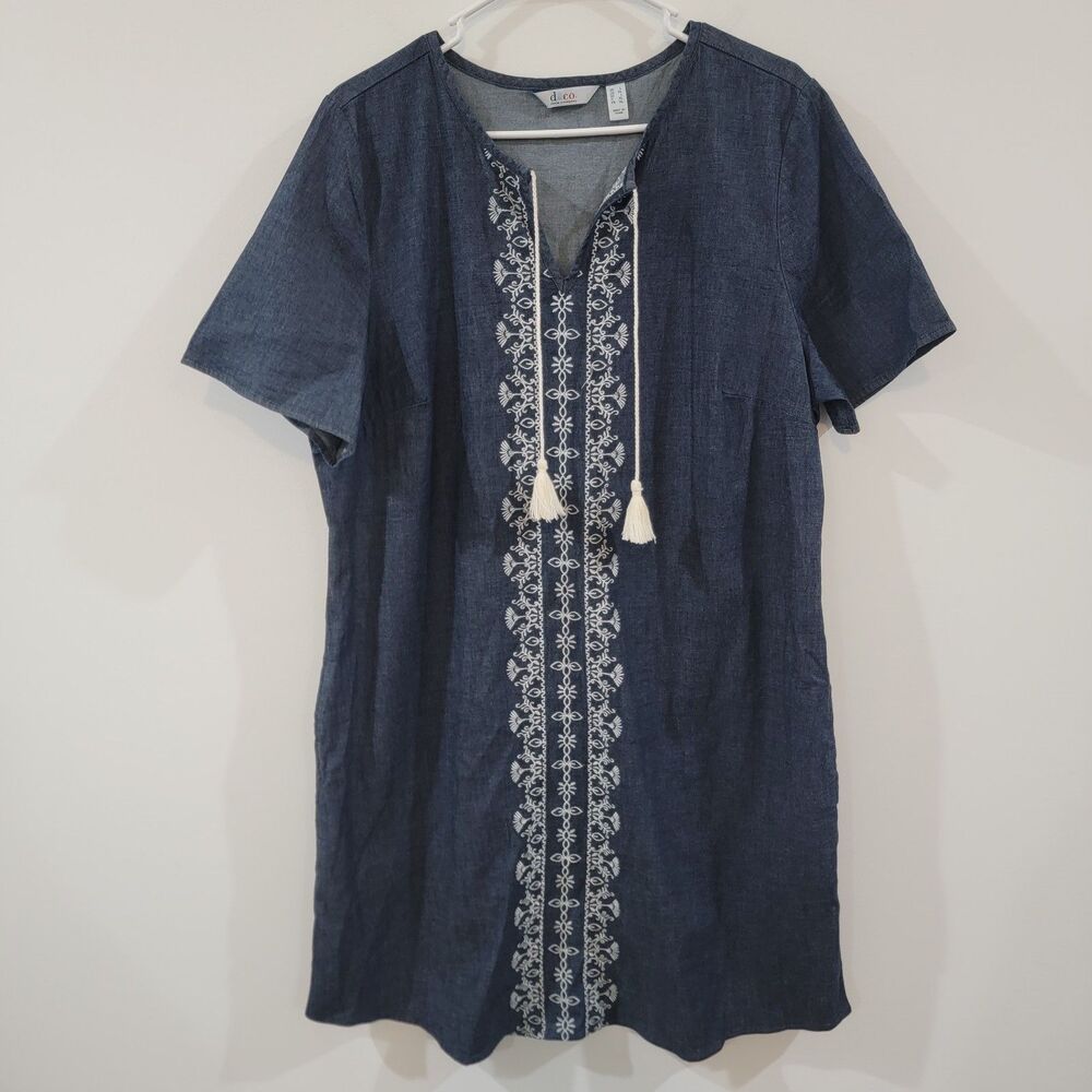 Womens Shirt Dress Size Large Chambray Bohemian Cottage Blue Hippie Knee Length